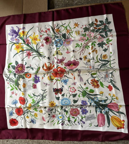 Gucci Scarf Garden Print Stall Shawl Flower Snake Butterfly Multi Colored