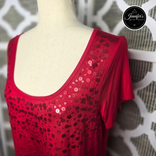 Relativity Red Sequin Scoop Neck Short Sleeve Knit Top Size PL - Picture 2 of 8