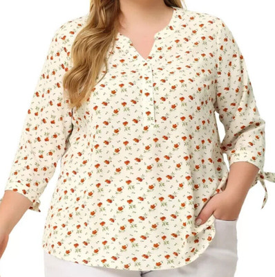 Agnes Orinda Women's Plus Size Shirt Floral Botton Up Tie 3/4 Sleeve Tunic V Nec
