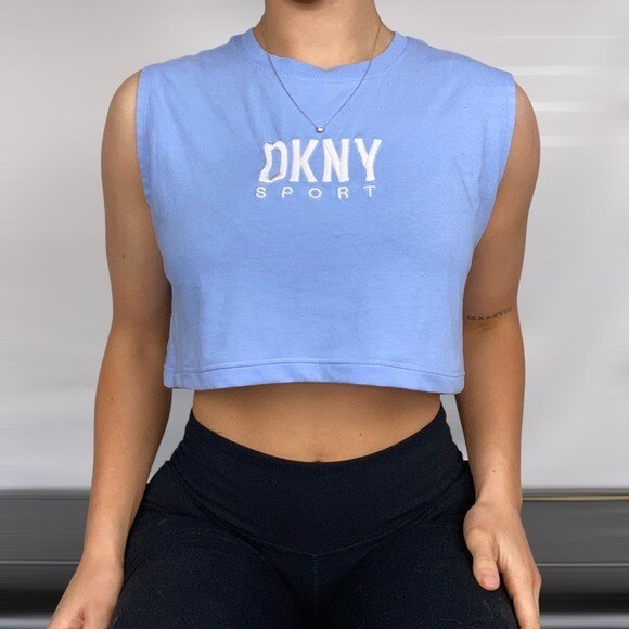 DKNY Embroidered Crop Muscle Tank Top Loungwear Yoga Workout Size S Sleeveless