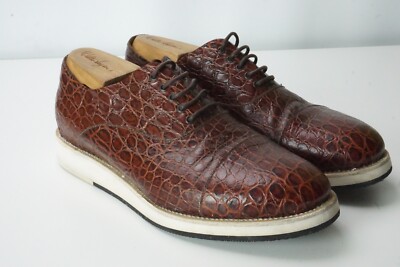 Giorgio Armani Brown Crocodile Alligator White Sole Mens Shoes Sz 