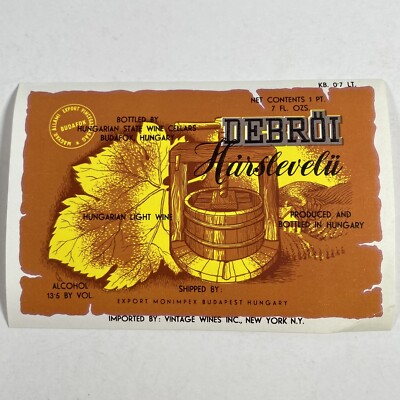Debroi Harslevelu Vintage 60s Monimpex Budapest Hungary Paper Wine Label Budafok