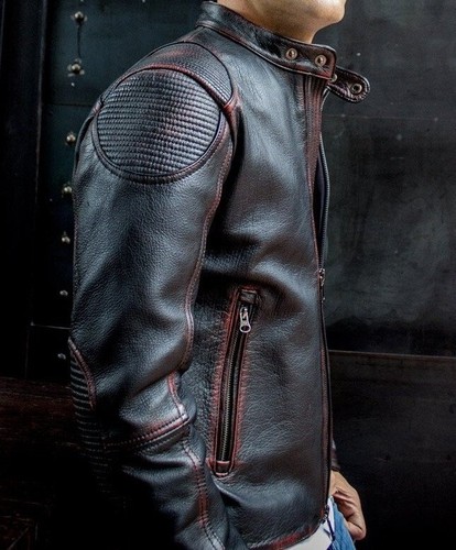 Chaqueta de cuero real genuino para hombre motocicleta negra motociclista cuero envejecido - Imagen 2 de 5