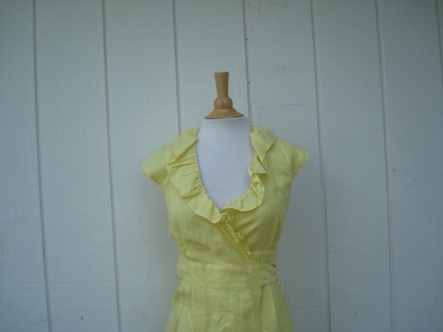 Neu J.Crew gelb Leinen Kurzarm Rüschen Kragen Damen Wickelkleid 0 P - Bild 2 von 11