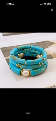 Chunky Blue Acrylic Bamboo Tube Stretch Bracelet Stack Marbled Pearl Gold Boho