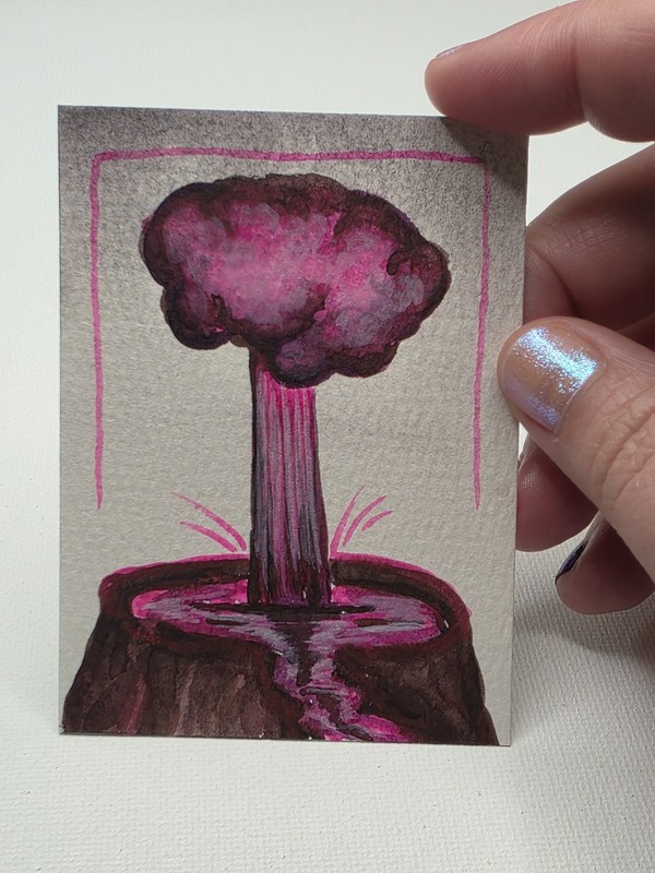 ACEO Art Card Original Hand-Painted Watercolor, Volcano Eruption, Pink Lava