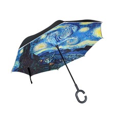 Starry Night Sky Van Gogh Windproof Inverted Open Close Reverse Rain Umbrella...