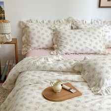 mixinni Pink Floral Duvet Cover Set Full Size - 100 Cotton Ruffle Lace Beddi...