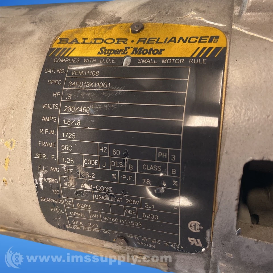 Baldor VEM31108 .5HP 1725RPM 3PH 60Hz 56C USIP - Image 2 of 4