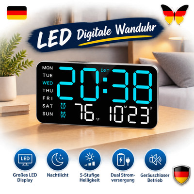 Großes Display Wanduhr Digitaluhr LED Wochenanzeige Nachtlicht 5 Clock Alarm DE