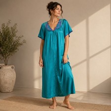 Vintage Vanity Fair Teal Satin Nightgown Embroidered Button Front Sleepwear M
