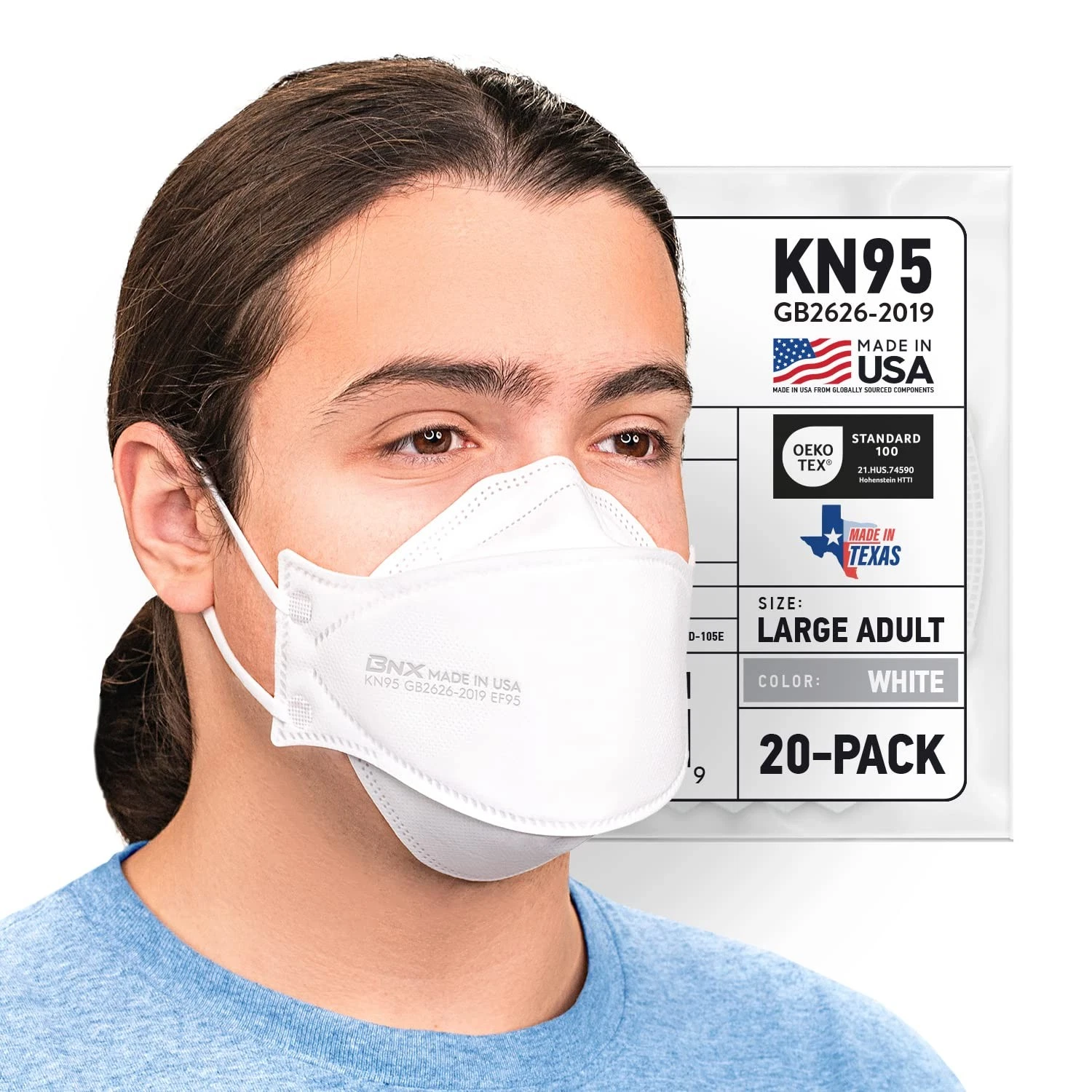 BNX 20-Pack KN95 Face Masks, Disposable 1 Count (Pack of 20), White