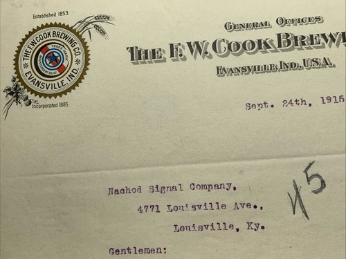 F W Cook Brewing Beer Letterhead Color Logo Preprohibition 1915 Signed President