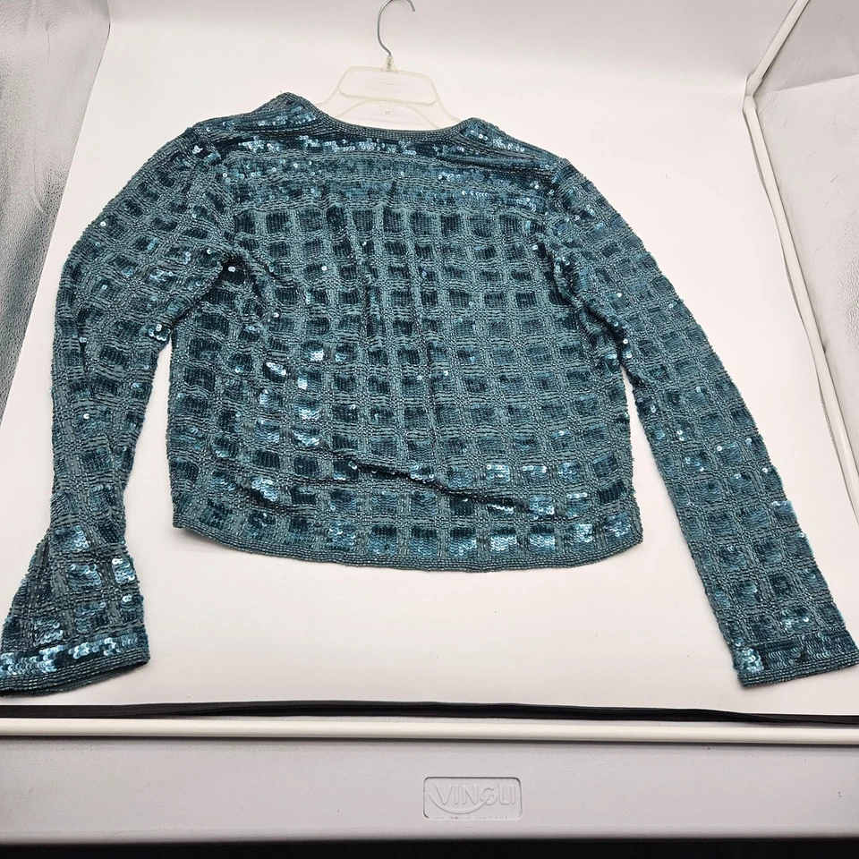 Cárdigan de lentejuelas Calypso St. Barth para mujer pequeño verde azulado frente abierto mezcla de seda fiesta Foto 2 de 4