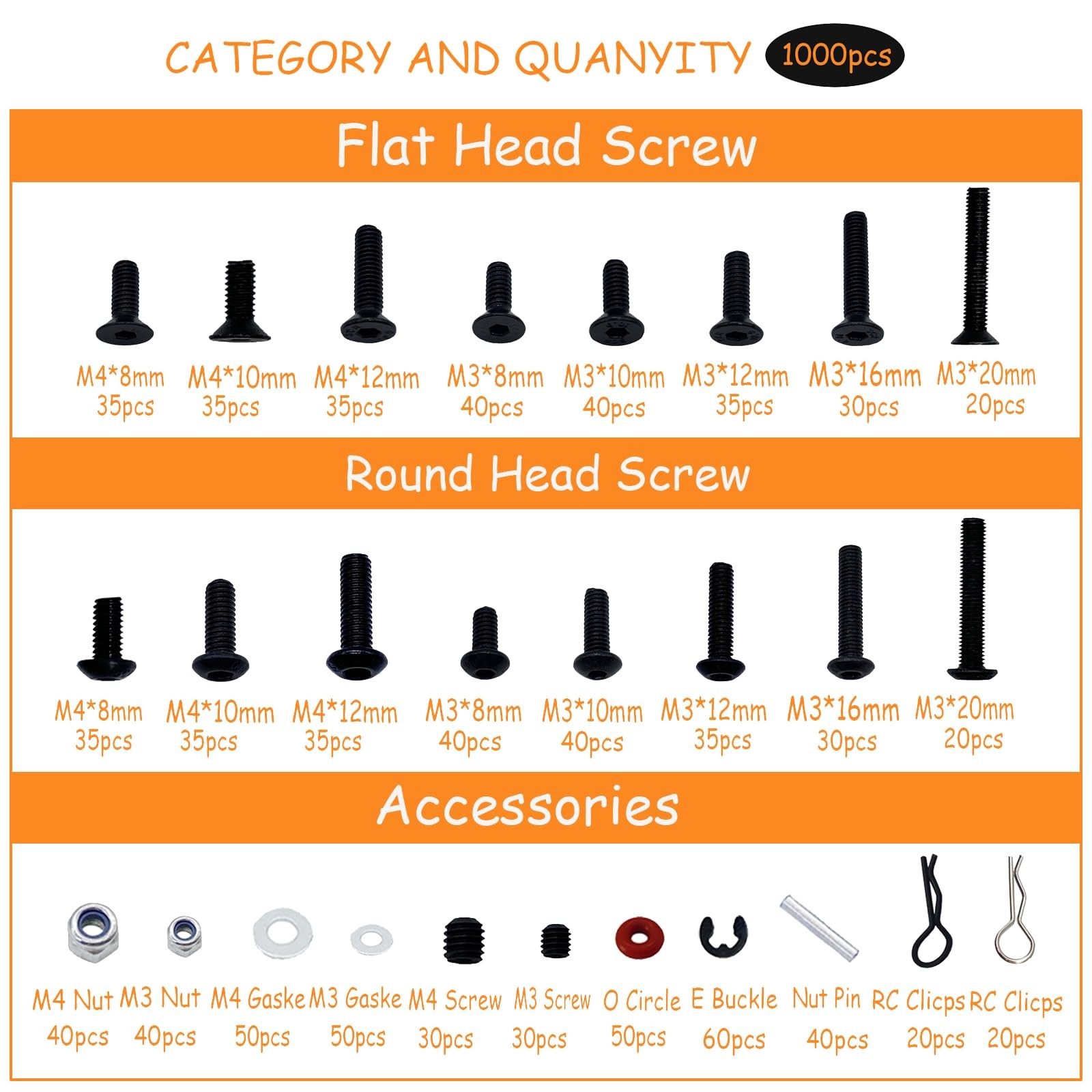 1000Pcs RC Screw Kit RC Car Tool Kit, Hardware Fasteners for Traxxas Arrma