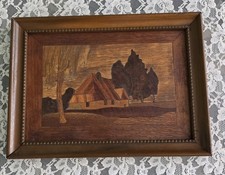 Antique Vintage Inlay Marquetry Folk Art Farmhouse Country Picture 9"x12"