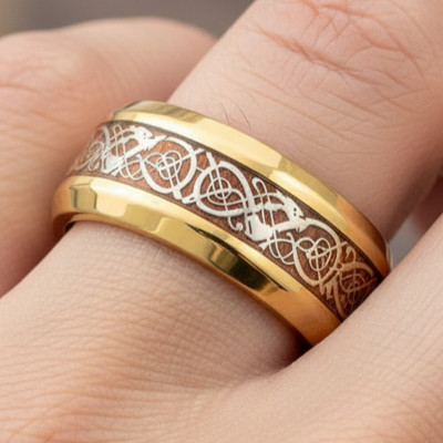Yellow Gold Tone Titanium 9mm Ring with Rosewood Strip & Celtic Knot Detail Band