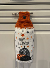 Crochet Top Kitchen Towel. Happy Halloween Pumpkins