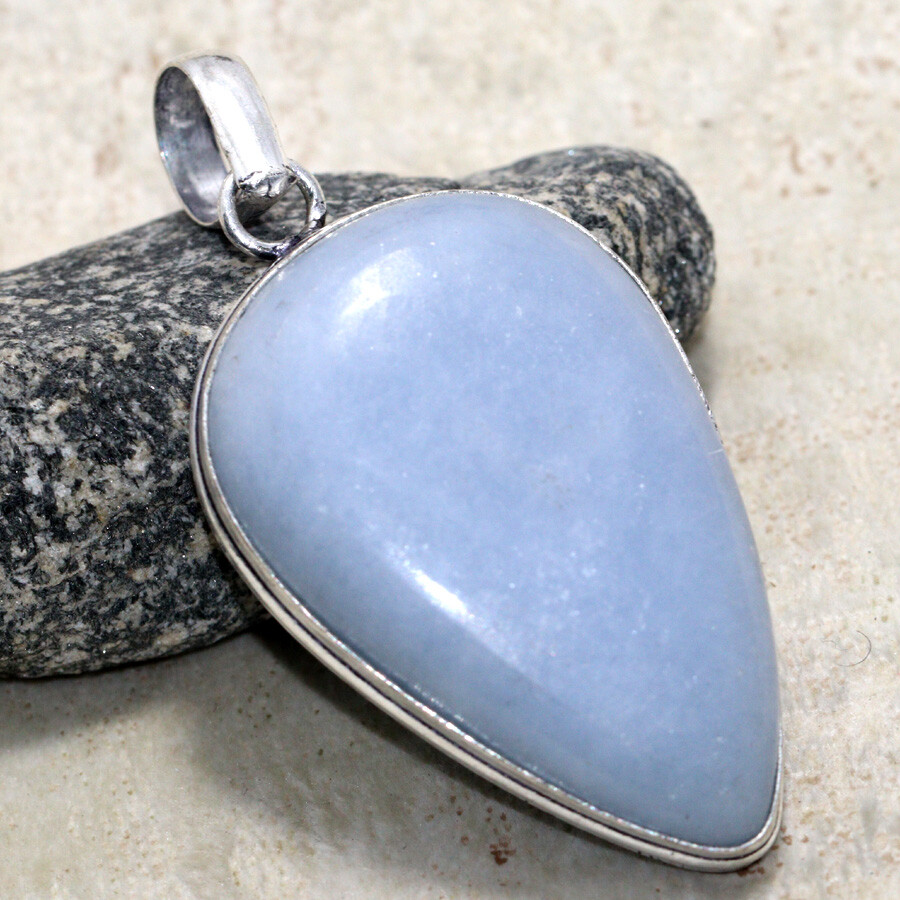 925 Silver Plated Angelite Ethnic Pendant Handmade 2.2 Inch Jewelry JW