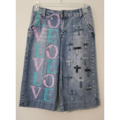 Upcycled Cross Love denim capri jeans cato wide leg unique distressed handmade s