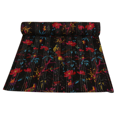 Indian Handmade Cotton Bird Print Kantha Quilt Throw Reversible Blanket