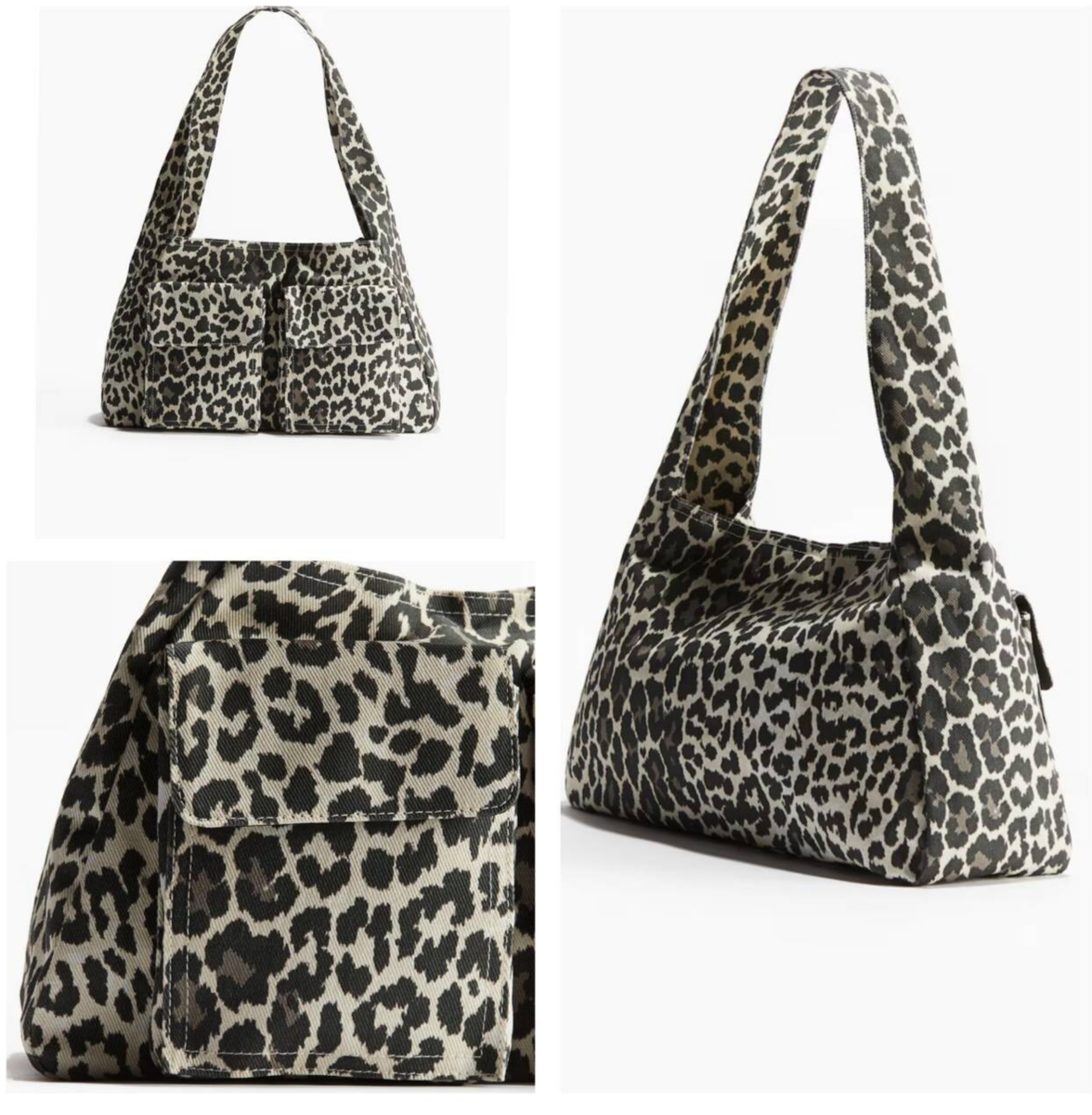 ★RAIVE★COTTON LEOPARD SHOULDER BAG H&M Cotton Twill Shopper Shoulder Bag Dark Brown / Leopard