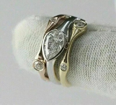 2Ct Lab Created Diamond ThreeTone Wedding Ring 14K Rose/White/Yellow Gold Finish