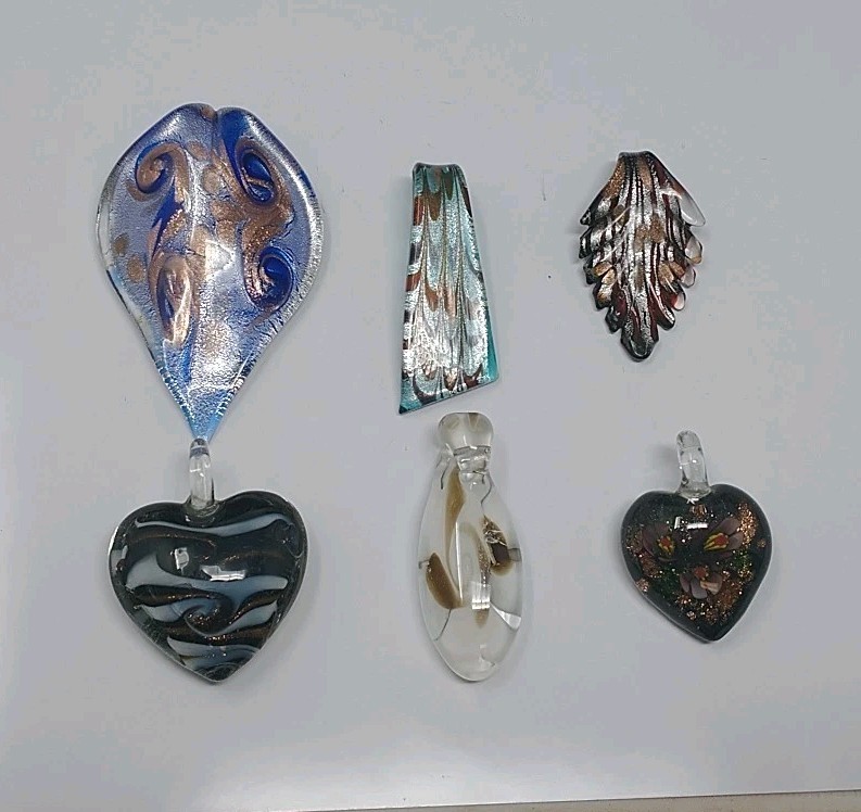 Estate Art Glass Aventurine Large Pendants Lot Of Six Leaf Heart Feather