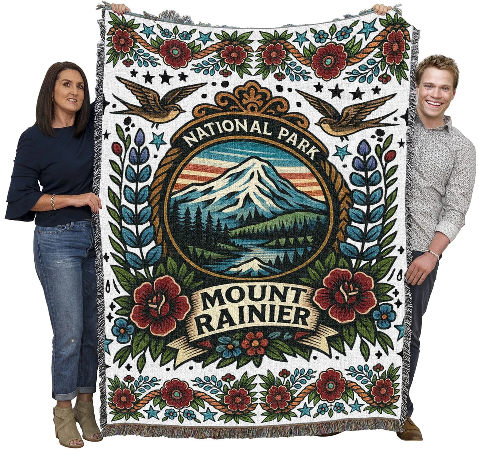 Mount Ranier National Park Tattoo Style Blanket Woven from Cotton (72x54) - Image 2 of 4