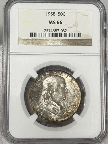 1958-P 50c Franklin Half Dollar NGC MS66 90% Silver Benjamin Fifty Cents US Coin