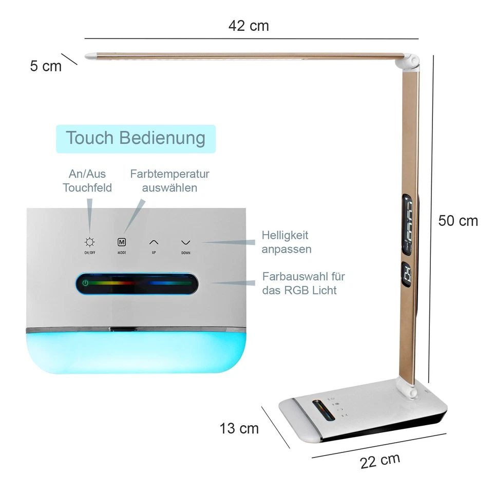 EAXUS® LED Schreibtischlampe Dimmbare Touchleuchte RGB Licht Kalender Temperatur - Bild 4 von 4