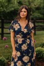 R and B Wrap Maxi Dress 1X Navy Floral VNeck Short Flutter Sleeves Cottagecore
