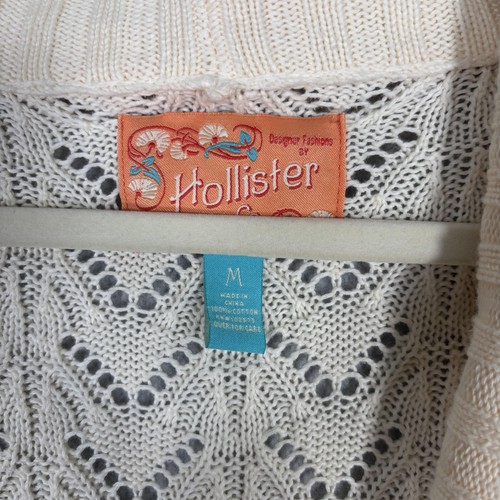 Y2K Hollister Cardigan Sweater Medium Cream Open Knit Crochet Beachy Fisherman - Picture 5 of 11