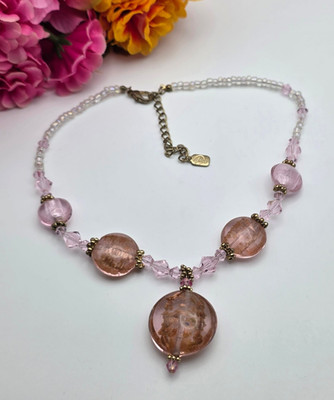 DaVinci Pink Foil Glass Crystal Beaded Pendant Necklace Gold Tone 18 in