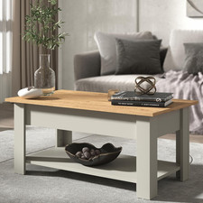 Lift Up Coffee Table Storage Shelf Space Saving Living Room Centre Green Oak