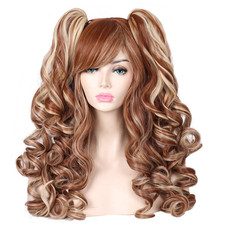 Long Curly Multi-Color Cosplay Wig with 2 Ponytails Brown with Blonde