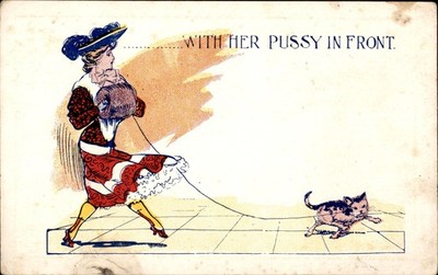 Antique Undivided Back Postcard Lady Walking Cat Double Entendre Comic 1900s