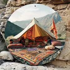 1pc Round Aluminum Foil Wall Art - Desert Landscape with Camping Tent & Camel Ca