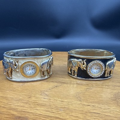 2-Cannes quartz watch cuff gold tone rhinestone w/elephants in relief Untested