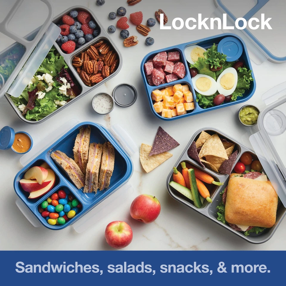 LOCK LOCK 3-Compartment Divided Lunch Box, Sauce Cup, 50.7-Ounce, Gray - Image 3 of 4