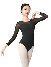 Mesh Long Sleeve Dance Leotard for Women,Teens, Ballet Bodysuits Large Black