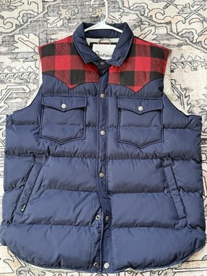 Penfield Men's Insulated Puffer Vest Navy Red Plaid XL Snap Closure