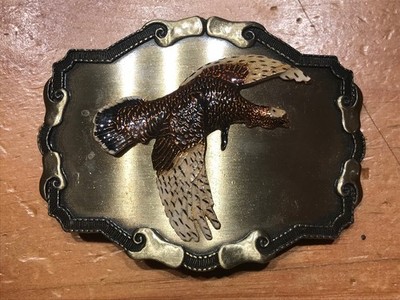 VINTAGE RAINTREE FLYING TURKEY BRASS & ENAMEL BELT BUCKLE