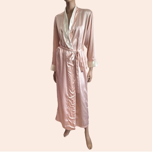 Vtg Victorias Secret Pink Ivory Stripe Robe Satin Long Size Small Dressing Gown - Picture 1 of 7