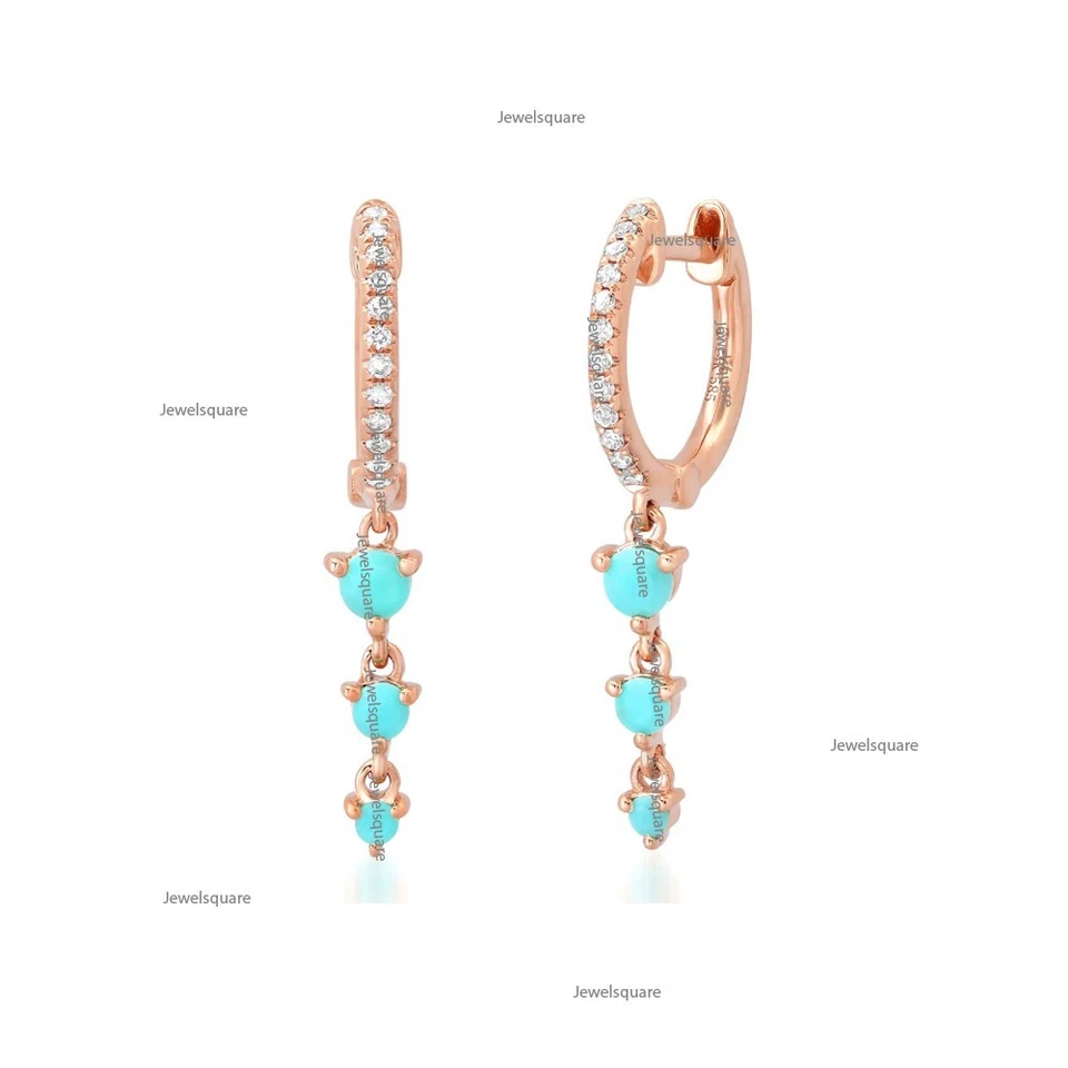 Trio Turquoise & Real Diamond Drop Huggies Earrings 14k Gold Shake Drop Earrings - Image 3 of 4