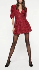 NEW BARDOT SZ L Kira Mini Lace Dress Crimson Red DEEP V-NECK PUFF SLEEVE