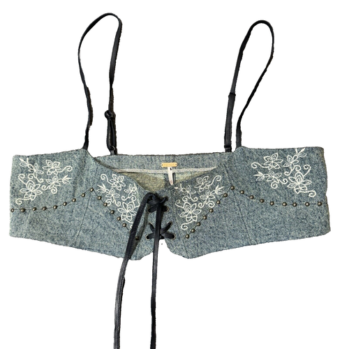 Free People Womens Denim Underbust Top Floral Stitching with Stud Size Large New