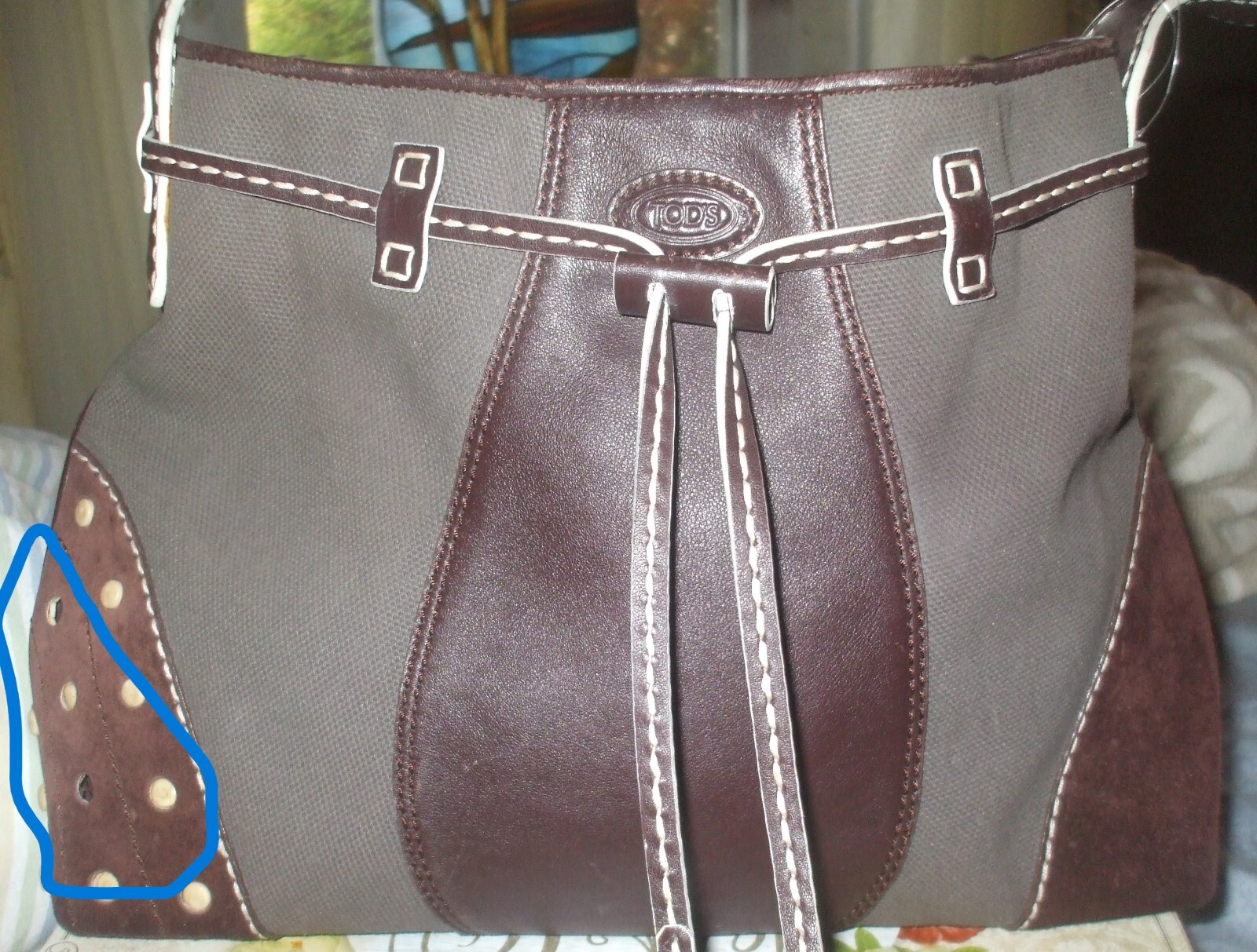 Tod's brown canvas & leather studded tote hobo draw string shoulder bag image 7