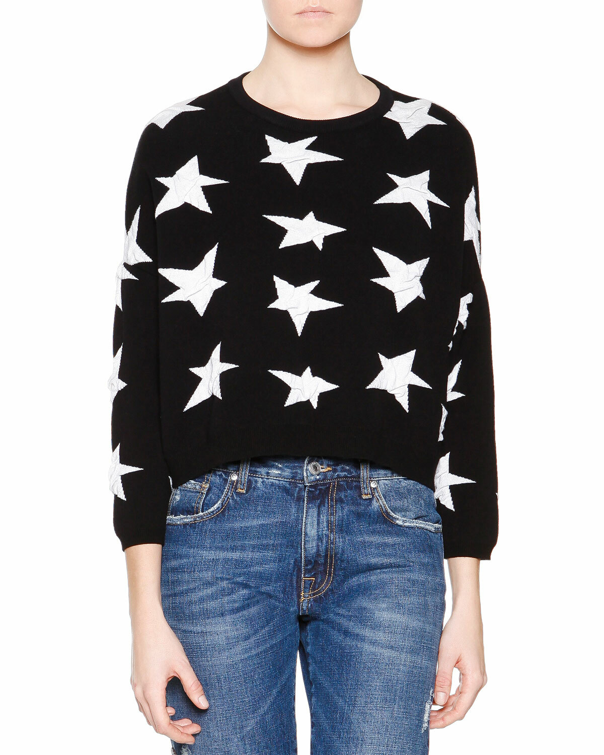 AUTH MSGM intarsia STAR BLACK White Long Sleeve Cotton Sweatshirt SWEATER M