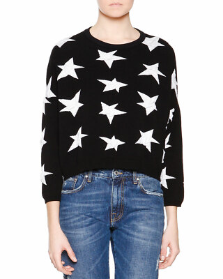AUTH MSGM intarsia STAR BLACK White Long Sleeve Cotton Sweatshirt SWEATER M 